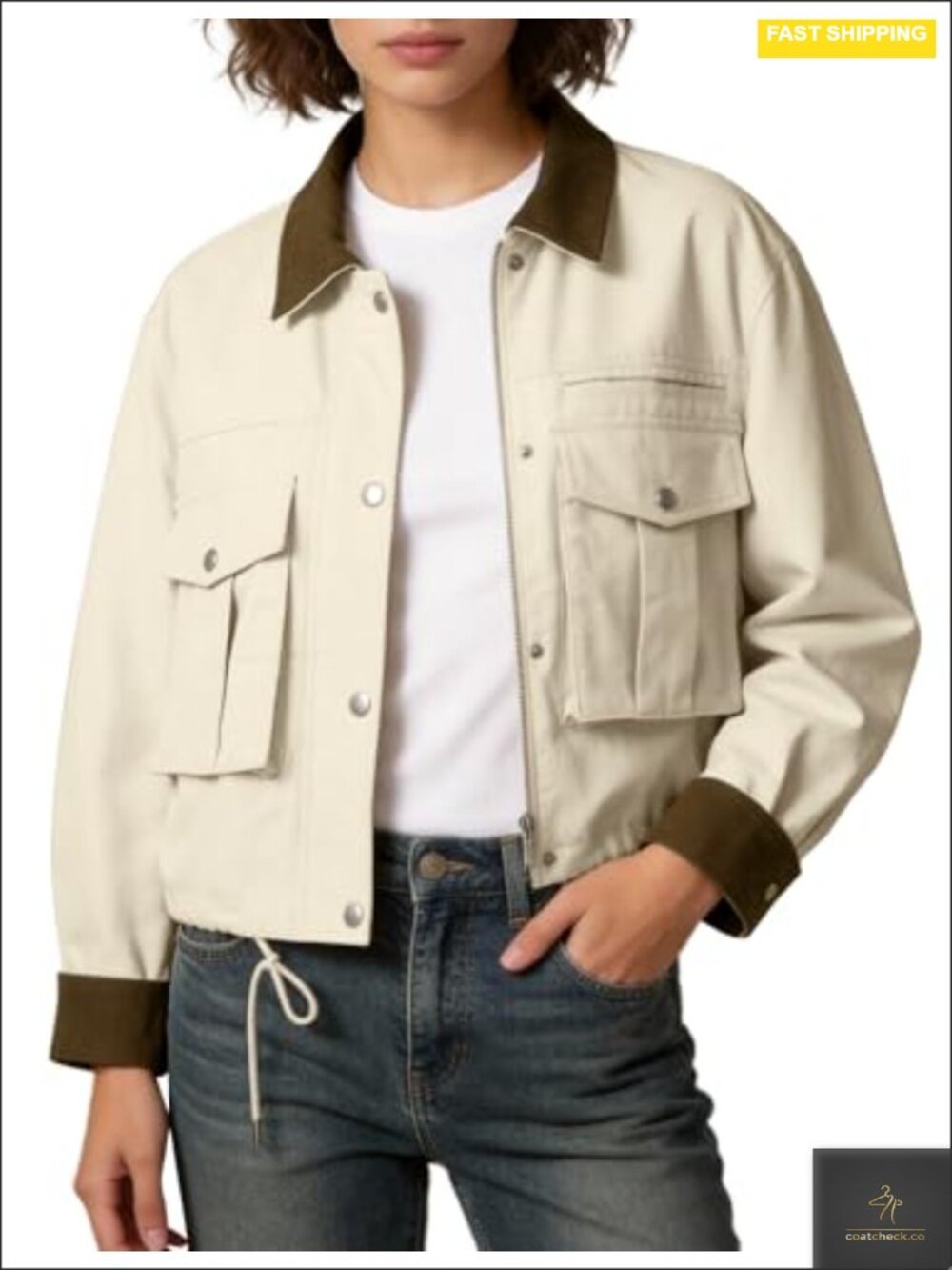 Women's Cropped Casual Cotton Cargo Jacket Contrast Collar Coat